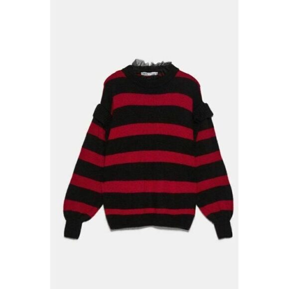 Zara Women Striped Sweater Ruffle Detail S Red - Picture 5 of 6